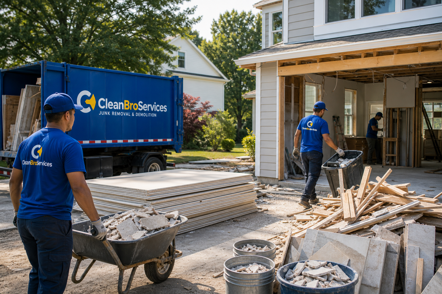 Construction debris removal scene with CleanBroServices crew clearing renovation debris from a home project