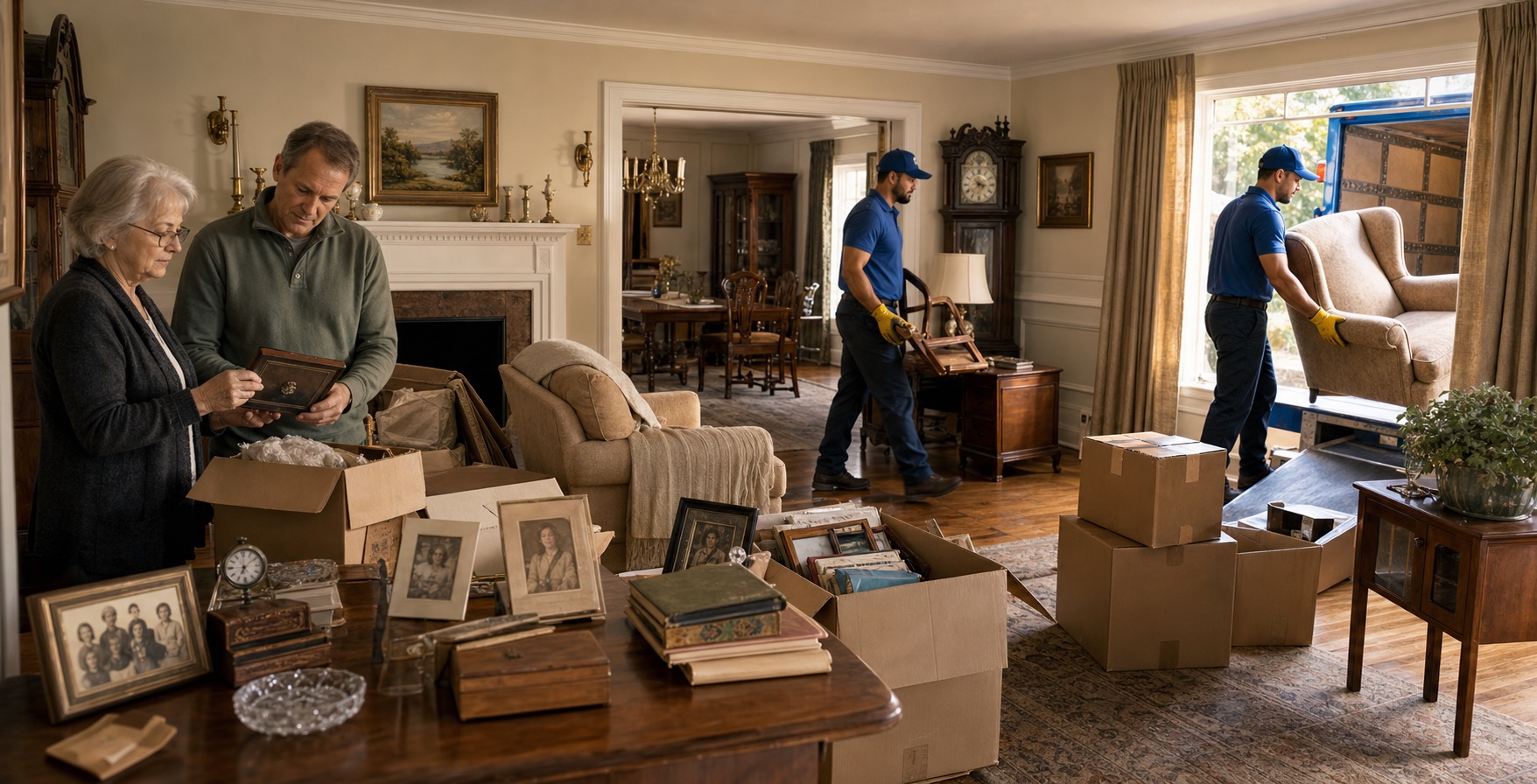Family reviewing keepsakes during a respectful estate cleanout while crew members remove furniture in the background