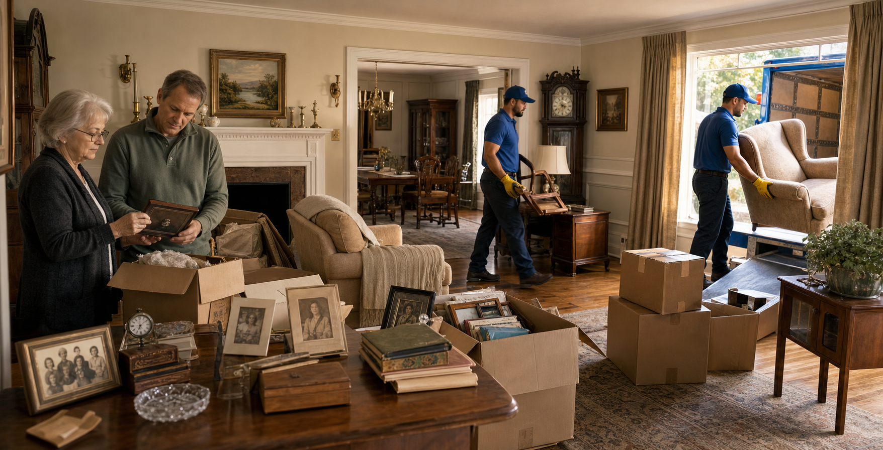Family reviewing keepsakes during a respectful estate cleanout while crew members remove furniture in the background