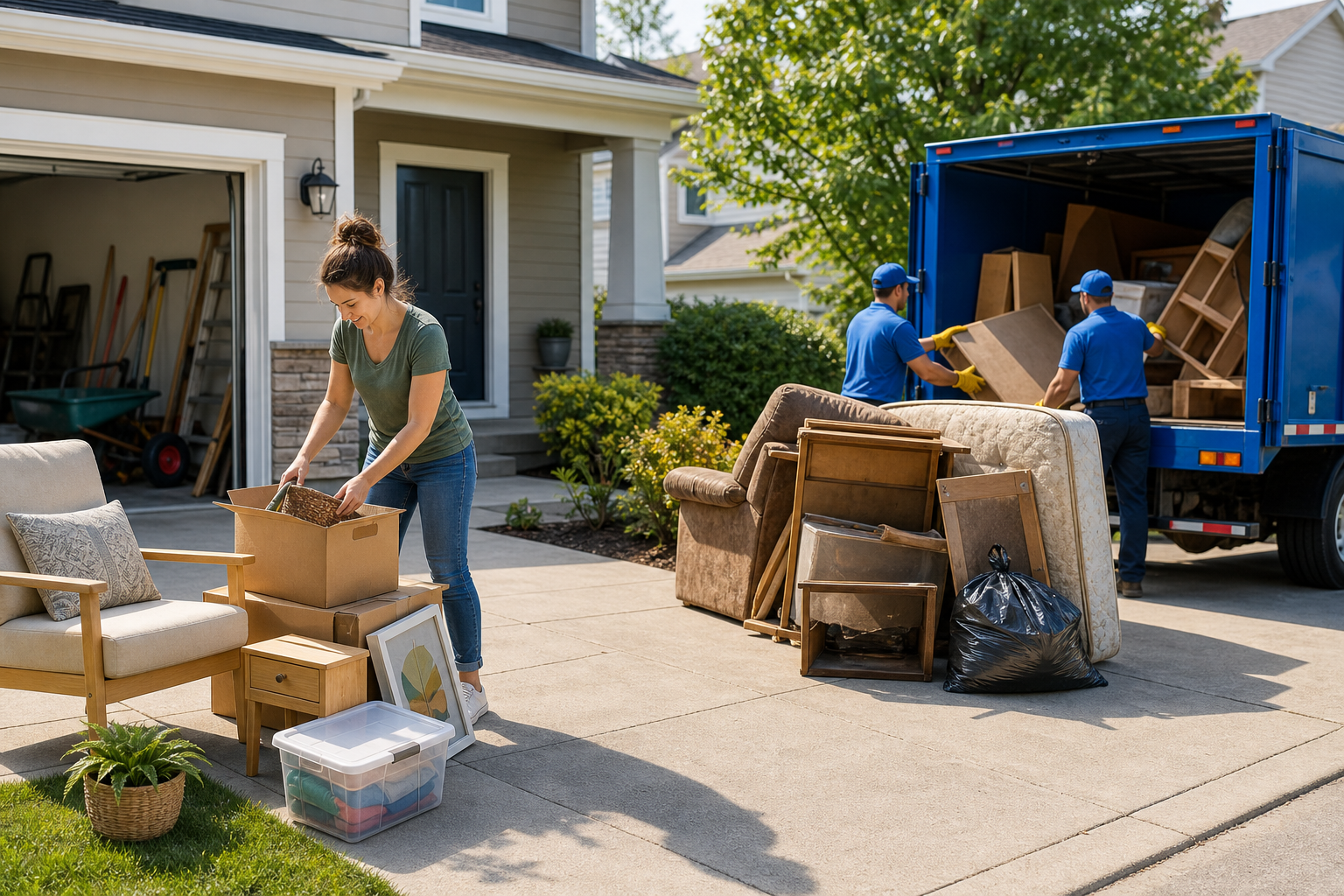 Homeowner organizing items for a junk removal appointment while a service truck is loaded in the background