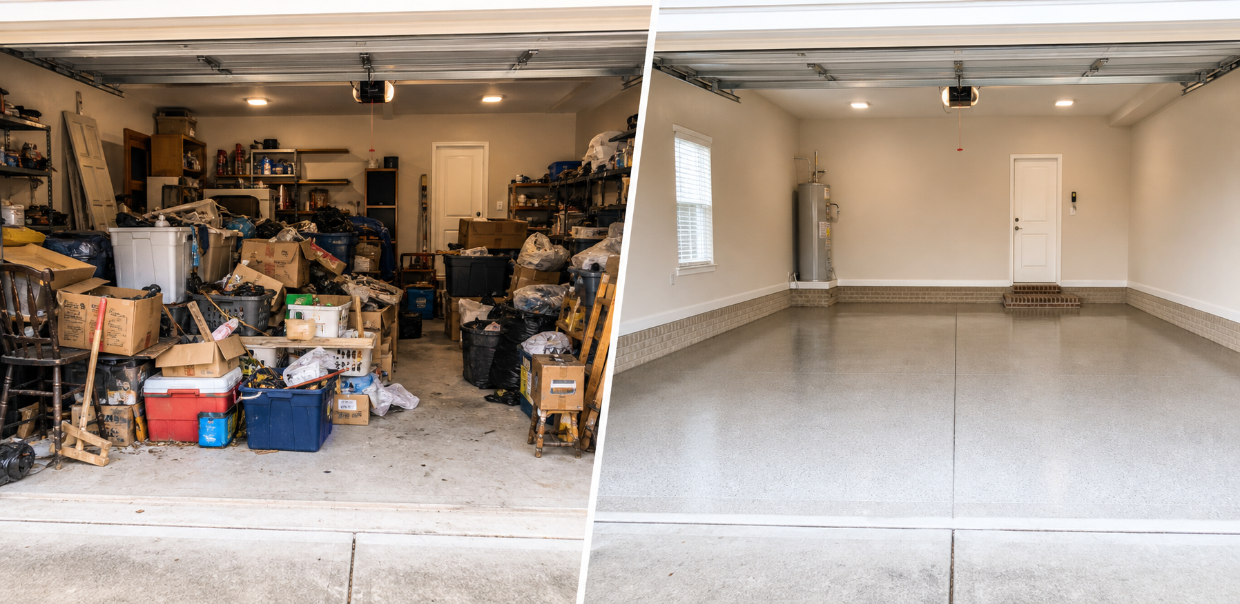 Before and after garage cleanout showing a cluttered garage transformed into an empty clean space
