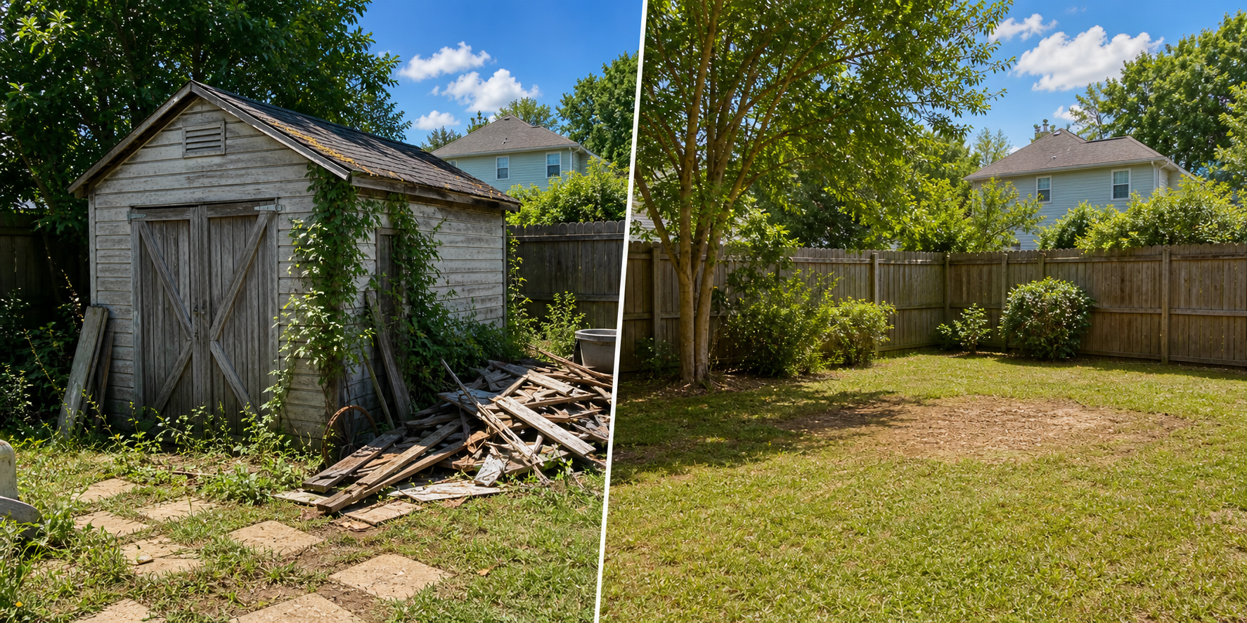 Before and after shed demolition showing an old shed removed and a clean open yard